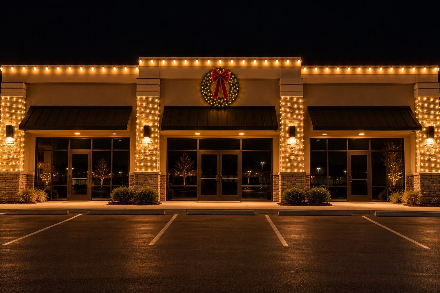 Christmas decorating service in Rocklin, CA: commercial storefronts parapet lights column wraps wreath warm white