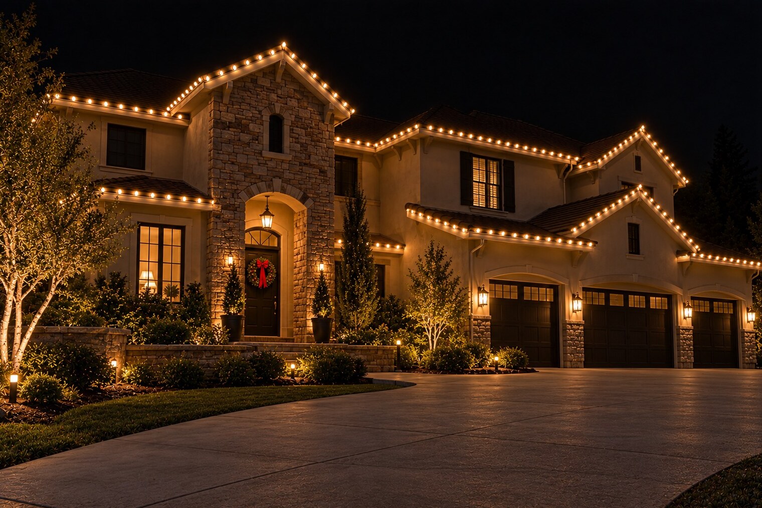 Roofline and yard holiday lighting, Springfield at Whitney Oaks Christmas light installation