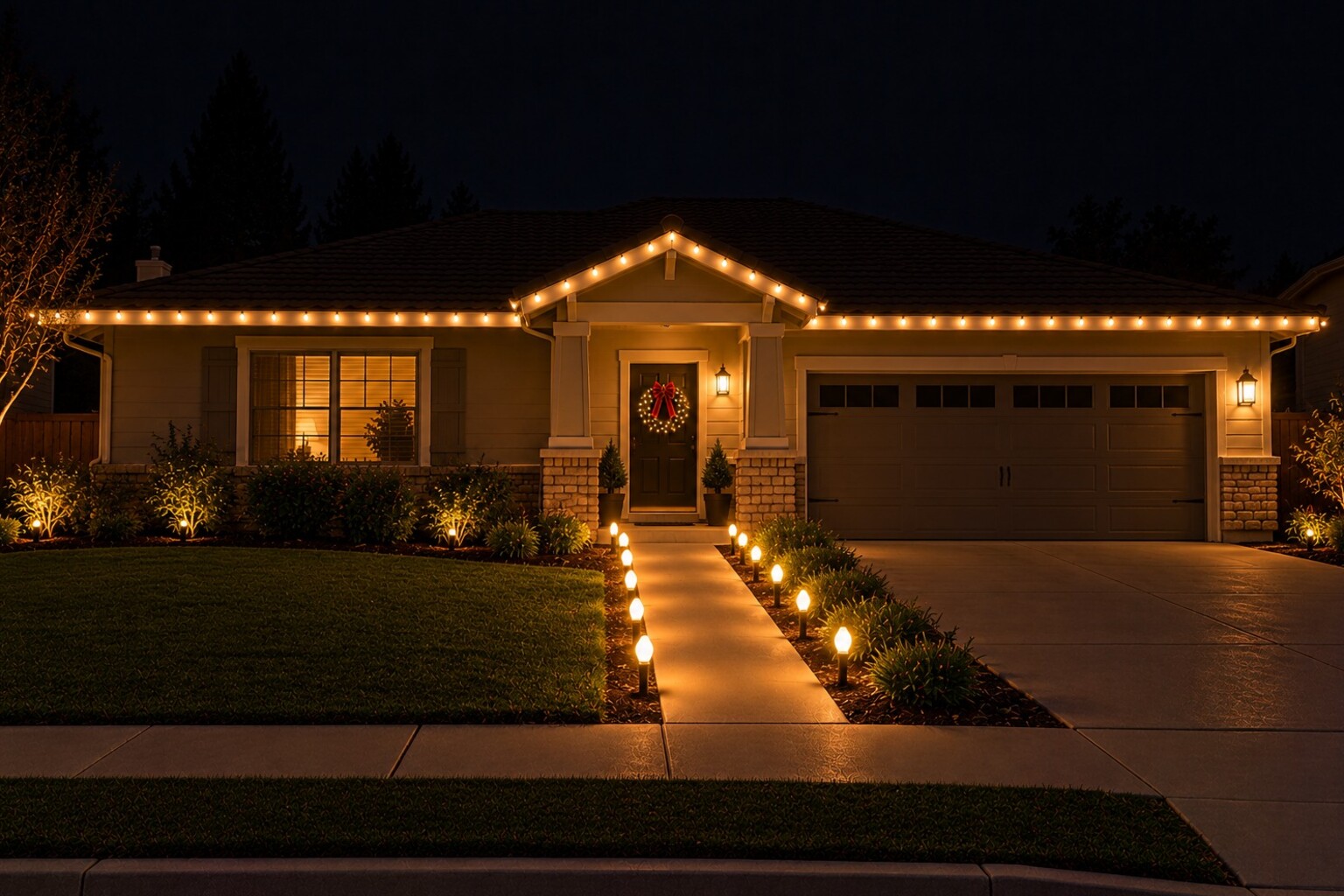 Roofline and yard holiday lighting, Clover Valley Christmas light installation