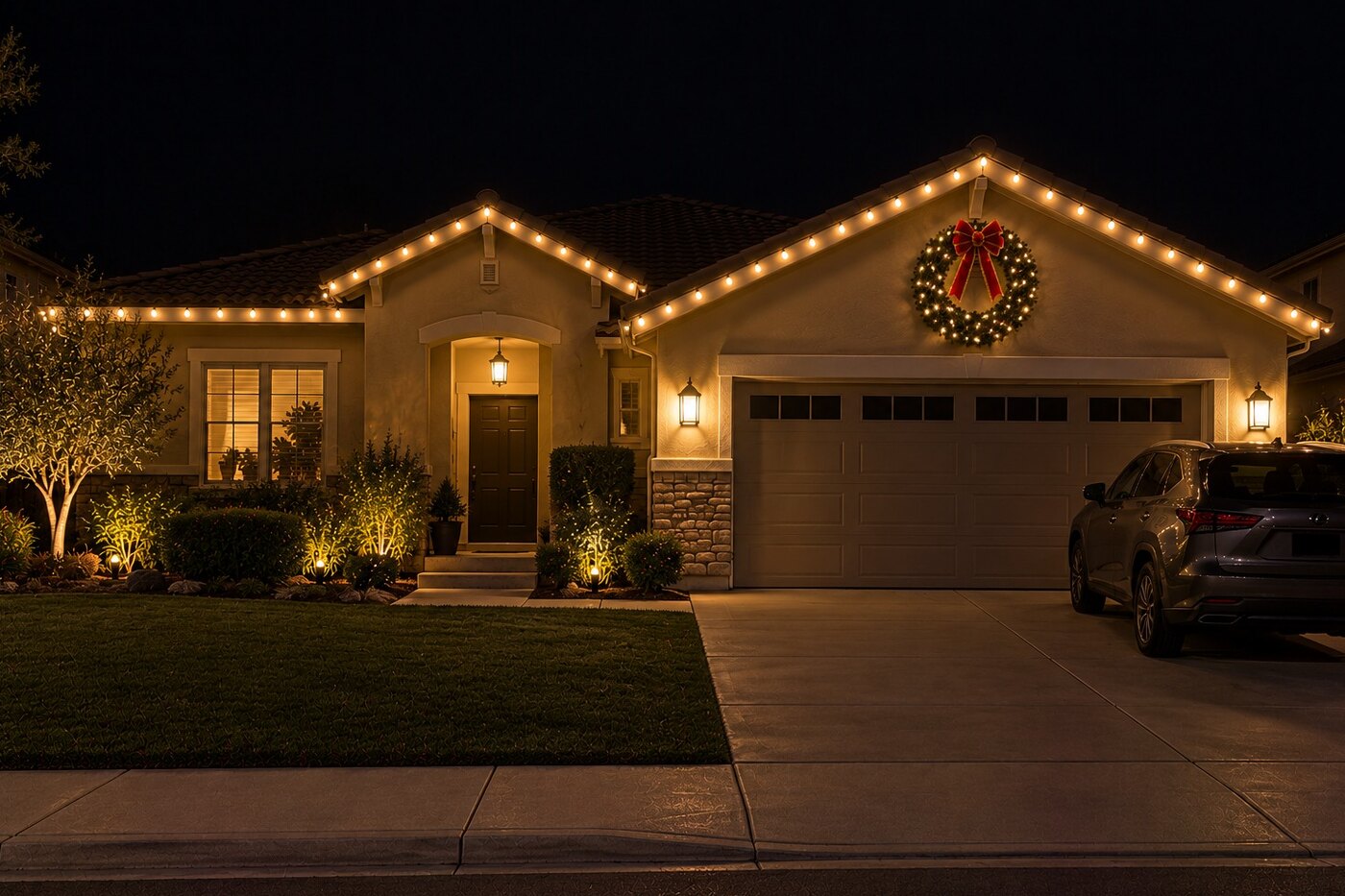 Christmas light installers in Rocklin, CA: single story tract home lit wreath on gable warm white