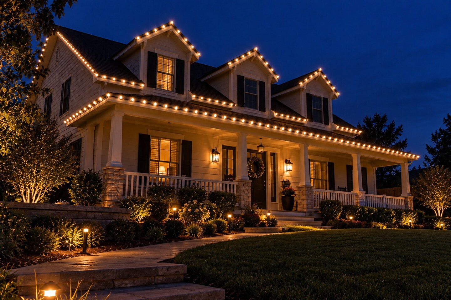 Christmas light service in Rocklin, CA: porch house warm white dormers dusk