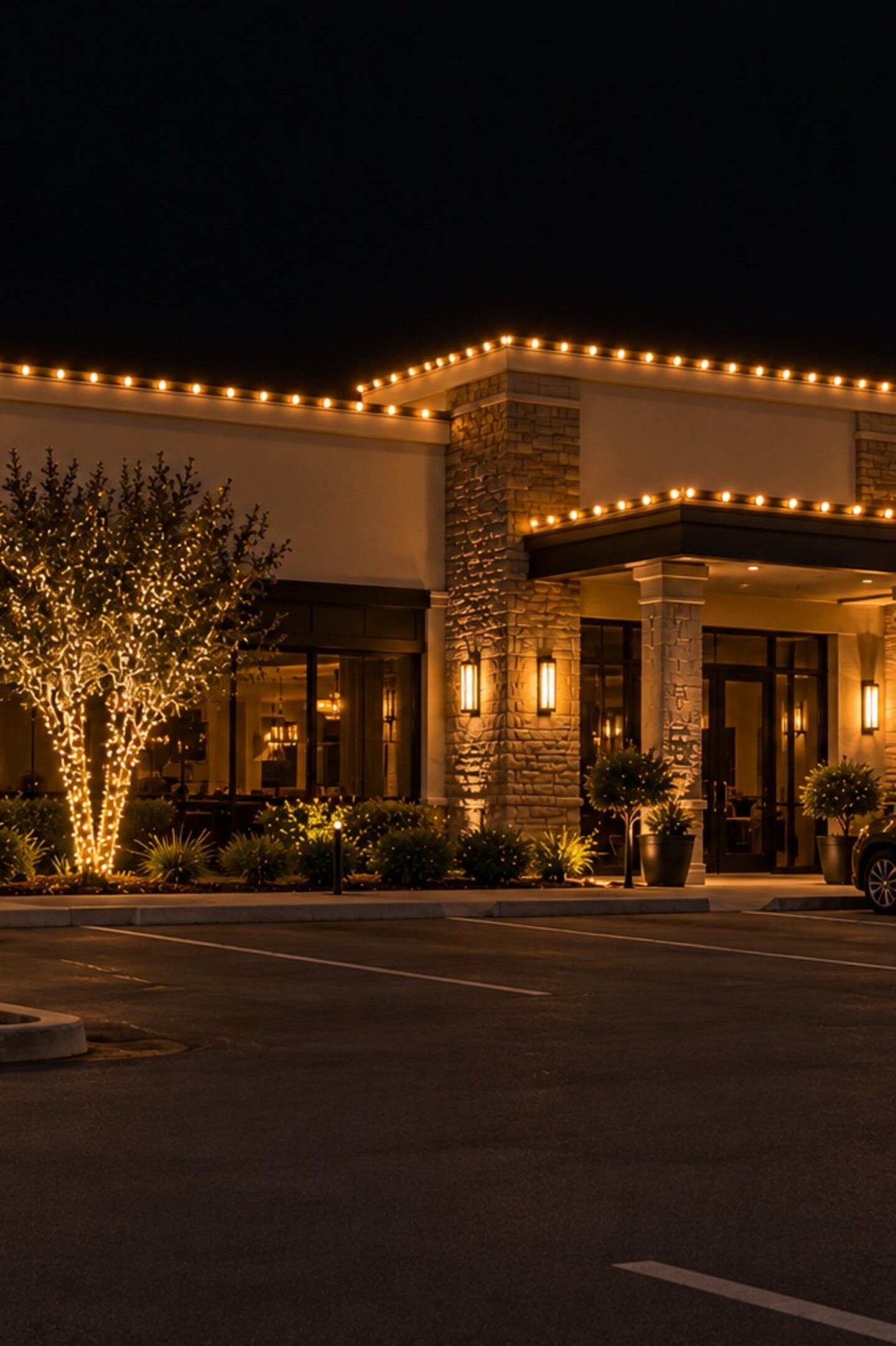 Roofline and yard holiday lighting, Stanford Ranch Christmas light installation