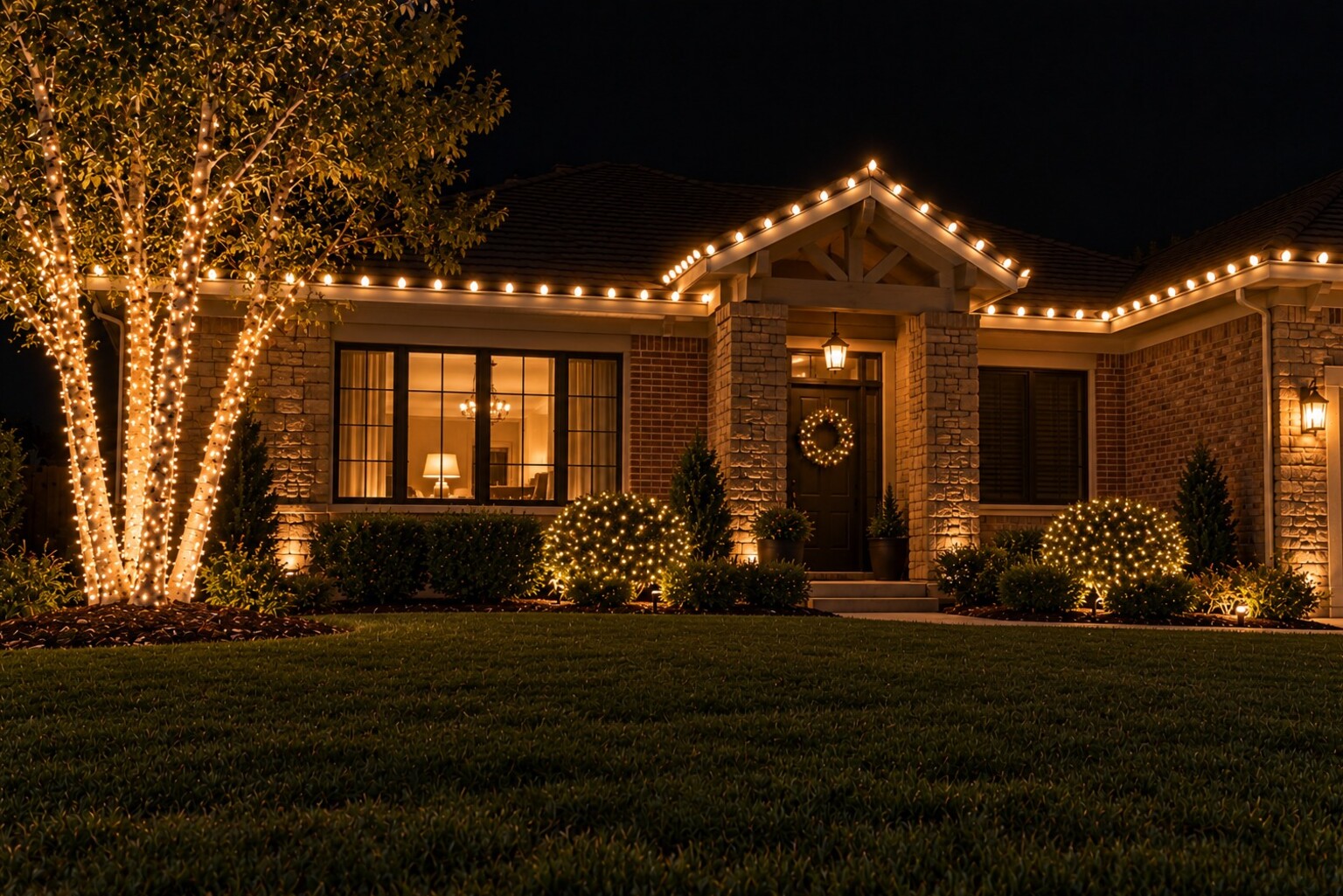 Professional christmas lights in Rocklin, CA: single brick warm white birches