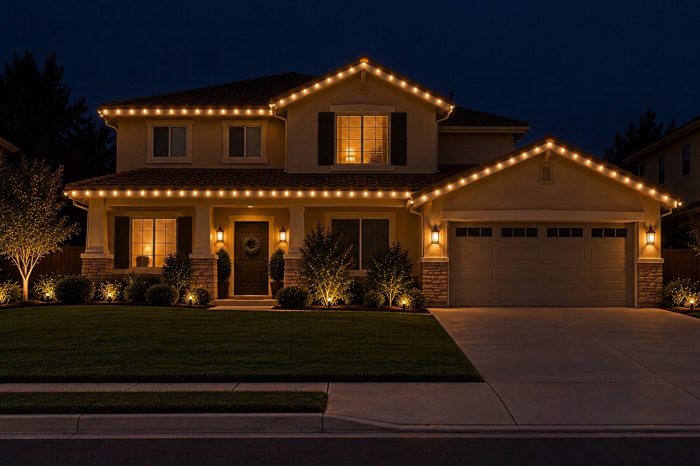 Roofline and yard holiday lighting, Whitney Oaks Christmas light installation