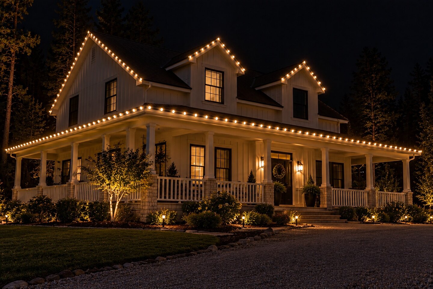 Residential christmas lights in Rocklin, CA: farmhouse wraparound porch warm white