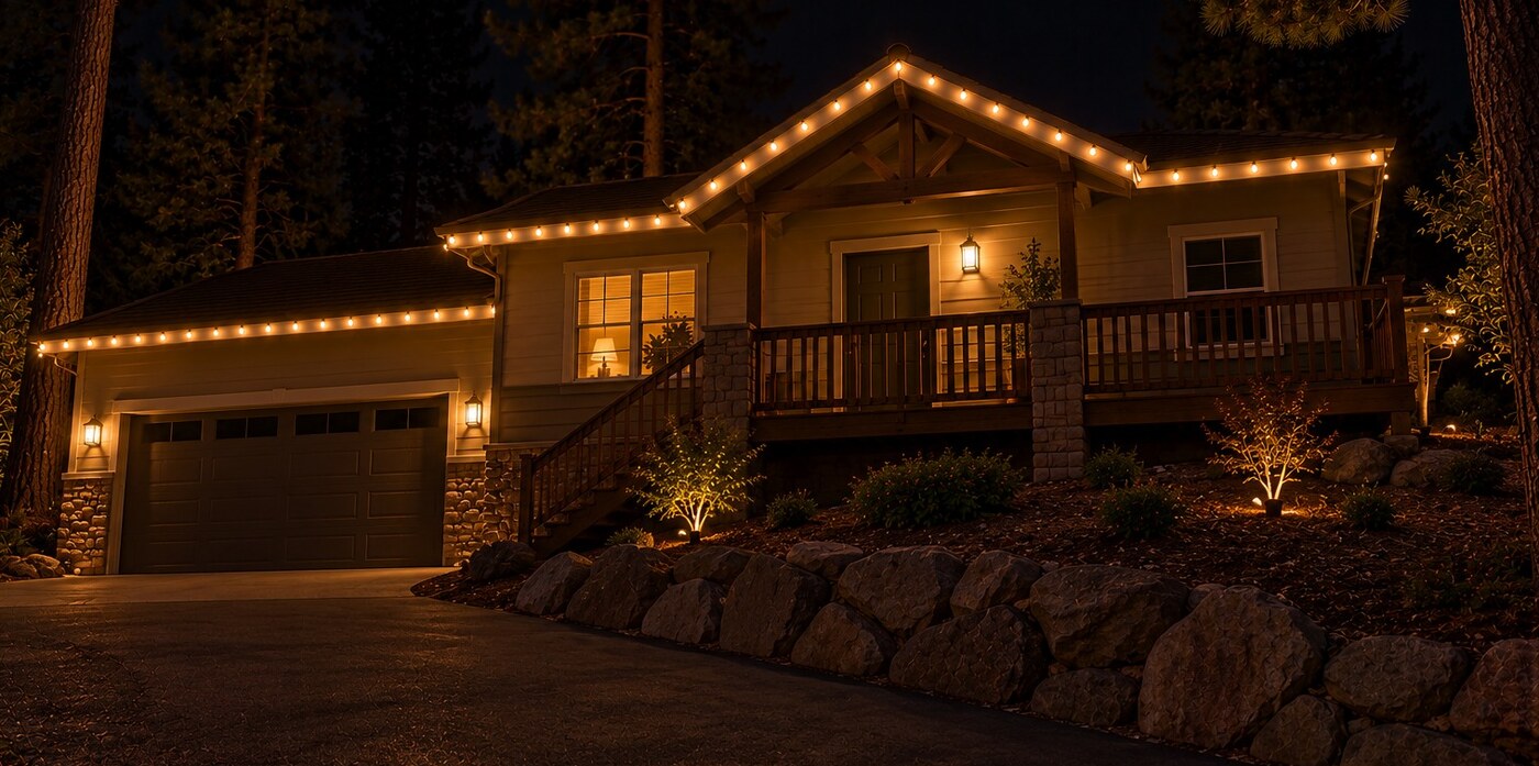 Residential christmas lights in Rocklin, CA: tract home warm white roofline